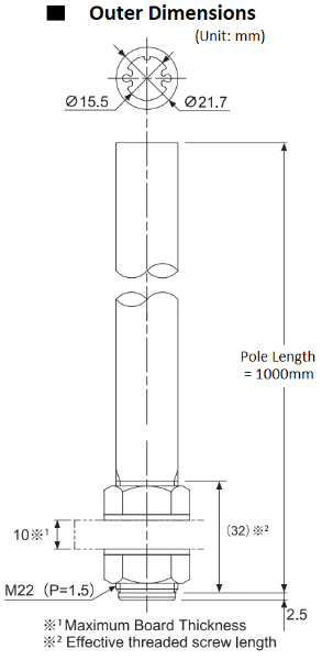 Aluminium Pole, Ø22mm x 1000mm Long, Threaded T-Type Silver