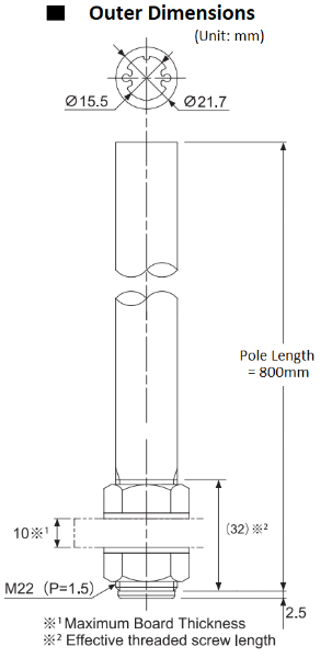 Aluminium Pole, Ø22mm x 800mm Long, Threaded T-Type Silver